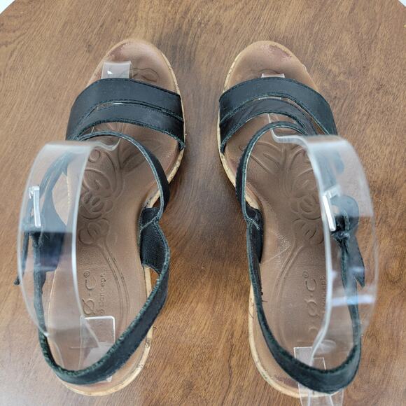 B.O.C Womens Schirra Sandals‎ 7 Black Leather Cork Wedge Sling Back Buckle Strap - Picture 6 of 14
